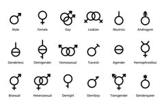 Das Bild zeigt ein Raster von Symbolen, die verschiedene Geschlechter und sexuelle Orientierungen darstellen. Jedes Symbol ist mit einem entsprechenden Begriff beschriftet, darunter Männlich, Weiblich, Schwul, Lesbisch, Neutrois, Androgyn, Geschlechtslos, Demigender, Homosexuell, Travesti, Agender, Hermaphroditus, Bisexuell, Heterosexuell, Demigirl, Demiboy, Transgender und Genderqueer.