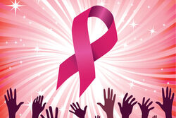 Breast cancer ribbon star background with group of raised hand. Vector illustration. Woman people solidarity.