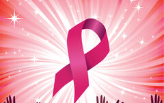 Breast cancer ribbon star background with group of raised hand. Vector illustration. Woman people solidarity.