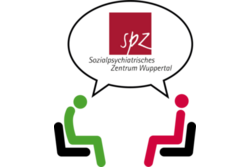 Zwei Figuren sitzen sich auf Stühlen gegenüber. Die linke hellgrüne Figur hat den Kopf gesenkt. Beide Figuren haben eine gemeinsame Sprechblase in der das Logo des Sozialpsychiatrischen Zentrums Wuppertal abgebildet ist.