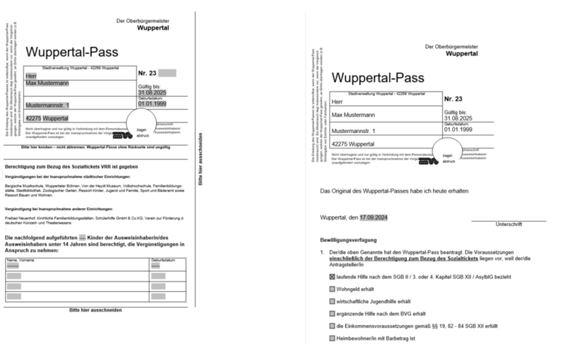 Der Wuppertal-Pass als musterausgefülltes Dokument.