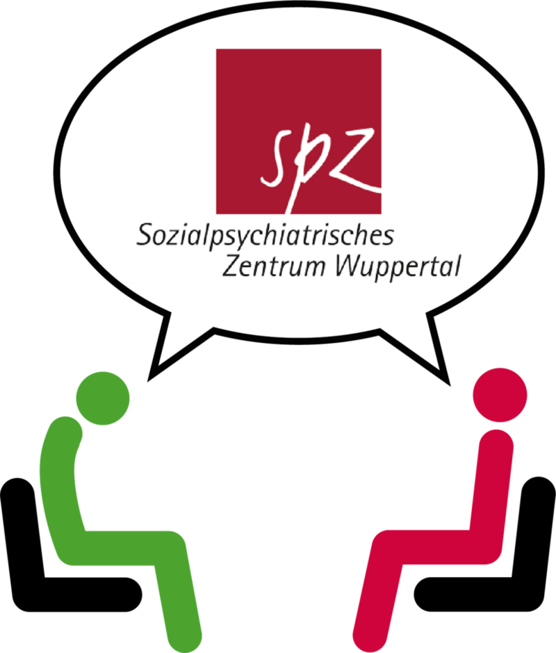 Zwei Figuren sitzen sich auf Stühlen gegenüber. Die linke hellgrüne Figur hat den Kopf gesenkt. Beide Figuren haben eine gemeinsame Sprechblase in der das Logo des Sozialpsychiatrischen Zentrums Wuppertal abgebildet ist.