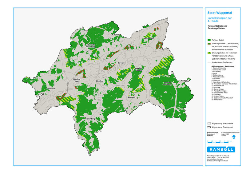 Darstellung der ruhigen Gebiete und Erholungsflächen in Wuppertal