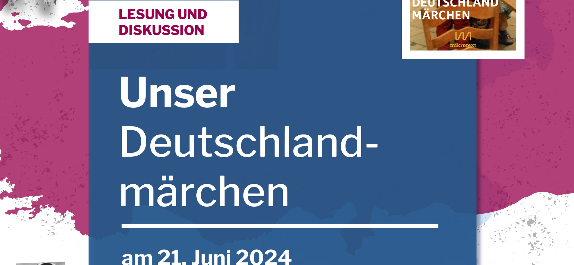 Werbeplakat für eine Lesung und Diskussion mit Dinçer Gücyeter über sein Buch 'Unser Deutschlandmärchen' am 21. Juni 2024 auf dem BOB CAMPUS. Eintritt frei. Veranstaltet von lpb.nrw.
