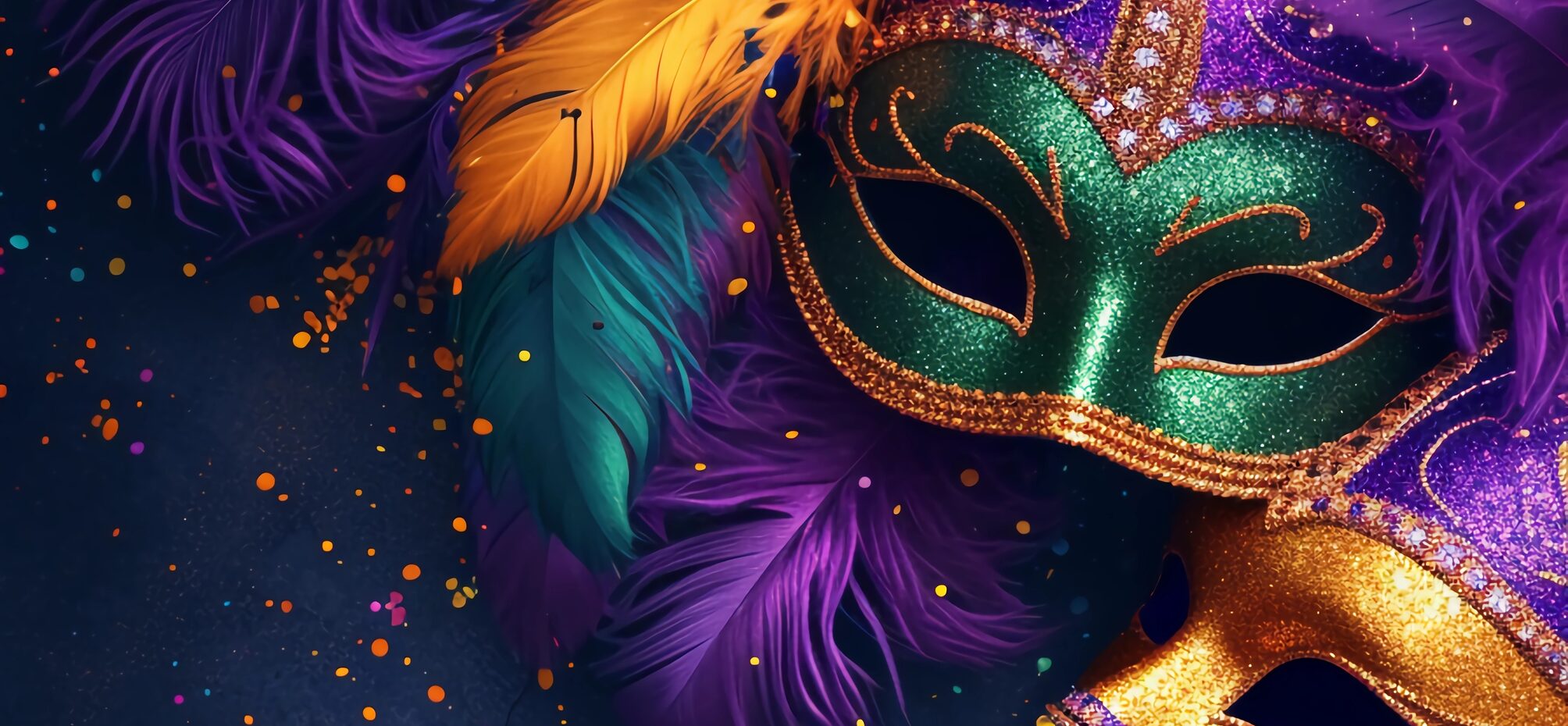 Mardi Gras Masquerade Banner with copy space. Carnival Mask in purple, green, yellow. AI Generated