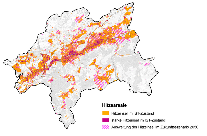 Karte zur gegenwärtigen und zukünftigen Hitzebelastung in Wuppertal