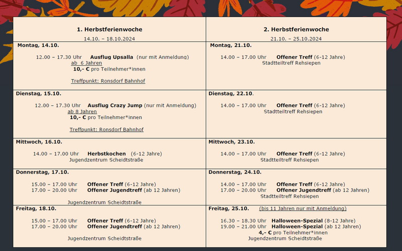 Visuelle Darstellung vom Herbstferienprogramm. Schwarze Schrift auf beigen Hintergrund. Am Rand sind gemalte Blätter zu sehen.