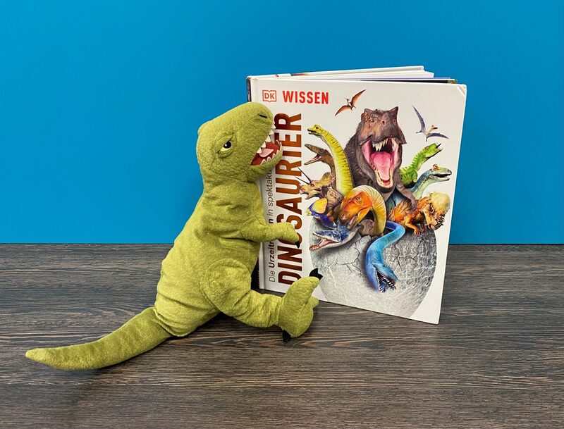 Stofftier-Dino an Dino-Buch