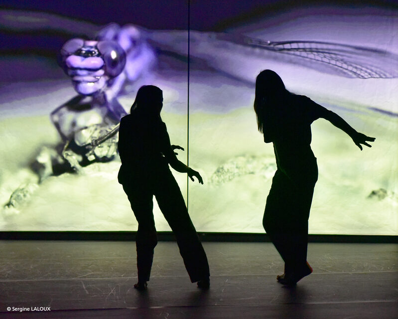Szenenbild mit Videoprojektion und zwei Tänzerinnen im Gegenlicht als Silhouette