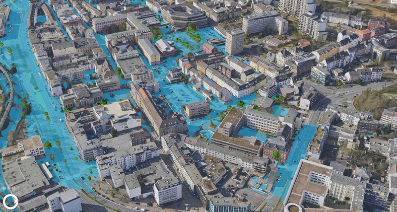 Entwurf für eine mögliche 3D Visualisierung des Hochwassers bei Starkregen im Urbanen Digitalen Zwilling.