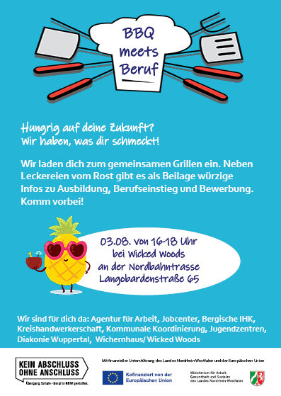 Plakat mit Informationen zur Berufsberatungsveranstaltung "BBQ meets Beruf" am 3. August