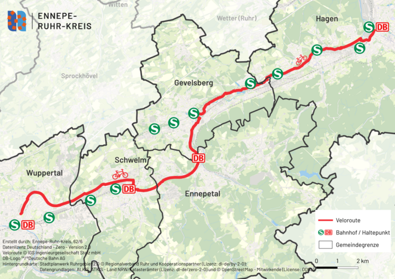 Eine Karte zeigt die mögliche Veloroute nach Hagen