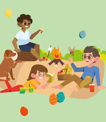 Cover des Osterferienprogramms der Stadtbibliothek mit spielenden und lesenden Kindern