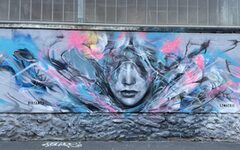 Beispiel für eine gestaltete Wand mit Street Art, das Bild zeigt ein Werk von L7Matrix mit einem Frauenkopf, der mit dem Hintergrund verschwimmt