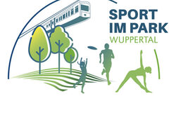 Logo von Sport im Park mit Zeichnungen von Menschen, die sich im Freien bewegen
