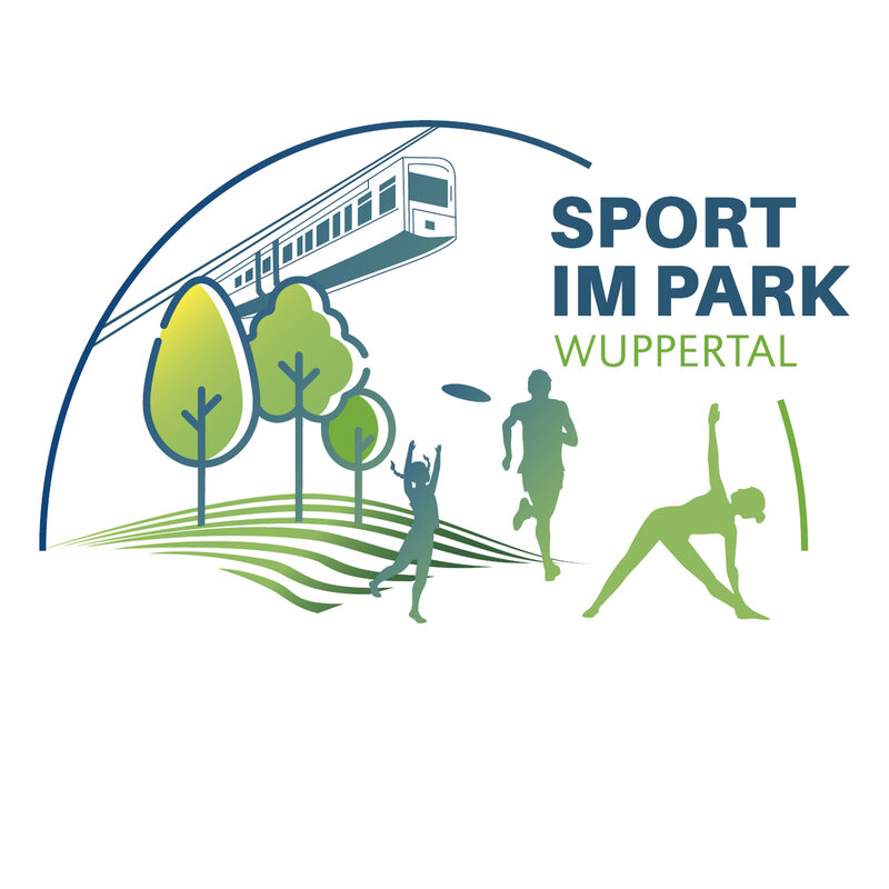 Logo von Sport im Park mit Zeichnungen von Menschen, die sich im Freien bewegen