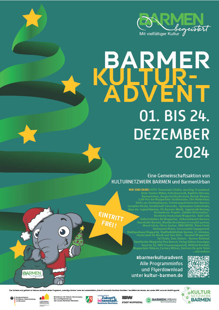 Das Plakat zum Kultur-Advent zeigt einen kleinen Elefanten unter einem Weihnachtsbaum